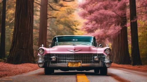 A pink Cadillac driving down a road lined with tall redwood trees in autumn.