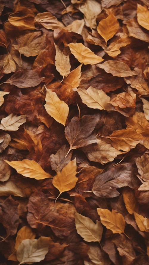 Un ritratto vorticoso e astratto di foglie autunnali, composto interamente da diverse tonalità di marrone.
