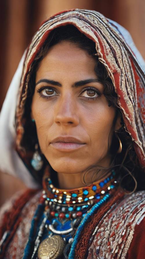 Potret close-up seorang wanita Maroko mengenakan pakaian tradisional Berber, matanya bersinar dengan kebijaksanaan kuno.