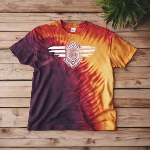 A tie-dye t-shirt in the warm colors of a setting sun, lying flat on a wooden table.