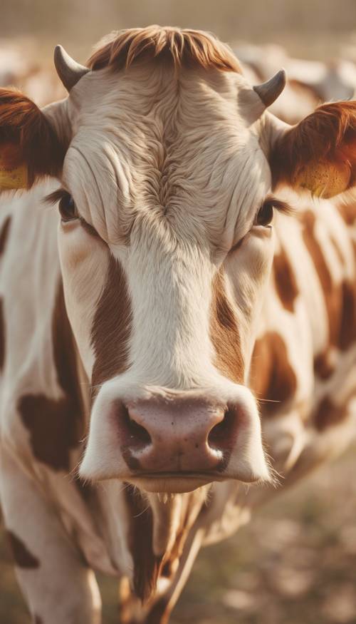 Une image claire d’un motif de vache distinct sur un fond beige.