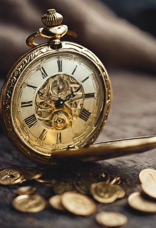 An antique golden pocket watch showing the time at a quarter past three. Tapeta [f1a70bec294e4ba28232]