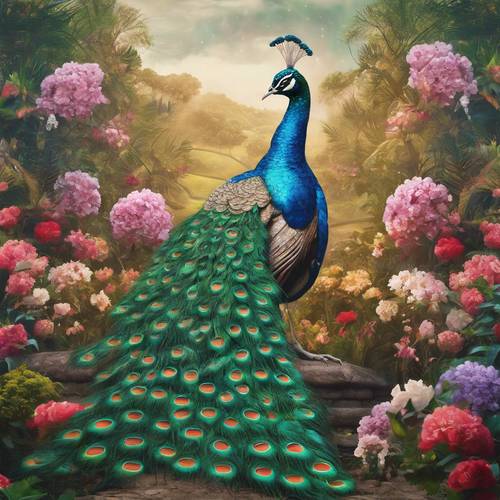 A mural showing a peacock dancing in full bloom in the monsoons of Indian countryside.