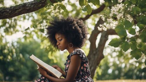 Una ragazza nera che indossa un abito estivo a fiori, legge un libro sotto un albero frondoso.