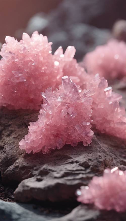 Bir kayanın üzerinde büyüyen narin pembe kristallerden oluşan bir koleksiyon