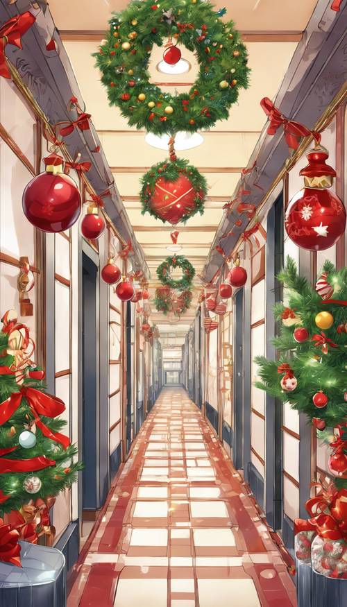 Anime-Illustration eines mit Weihnachtsschmuck und Mistelzweigen dekorierten Flurs einer japanischen High School.