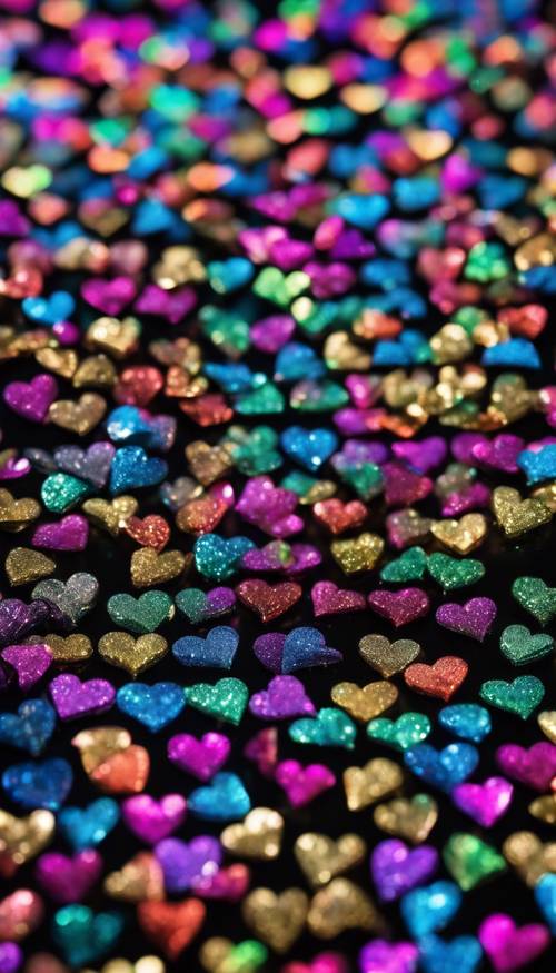 Numerous tiny hearts created out of sparkling rainbow-colored glitters strewn over a black background.