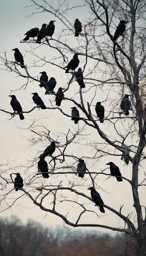 A bunch of crows ominously perched on a leafless tree overlooking an abandoned graveyard.
