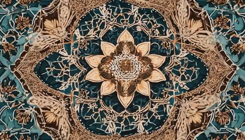 Penggambaran detail motif bunga dalam pola geometris Arab yang rumit.
