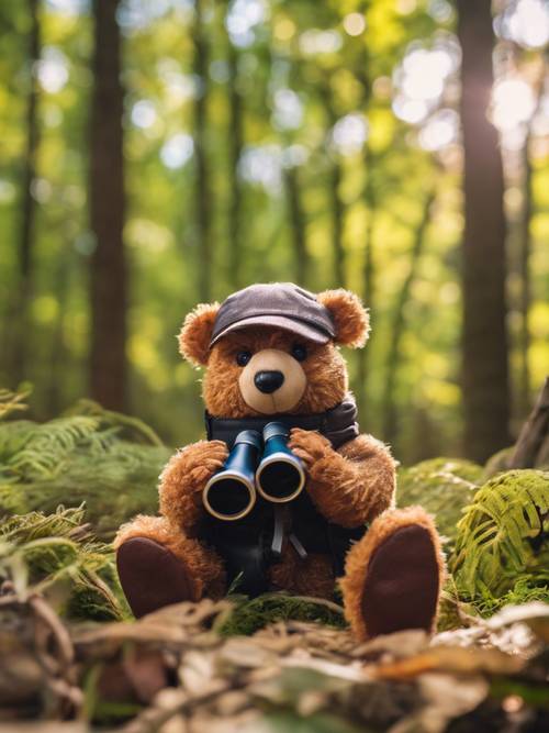 A teddy bear birdwatcher looking at toy birds through binoculars in a vibrant forest setting.