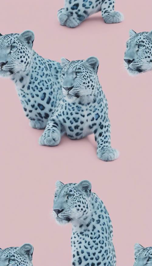 Motivo ripetuto senza cuciture che mostra macchie di leopardo blu su una tela rosa tenue.