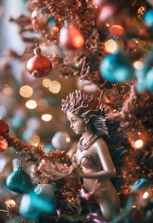 An underwater Christmas scene with mermaids decorating a coral tree with colorful seashell ornaments.