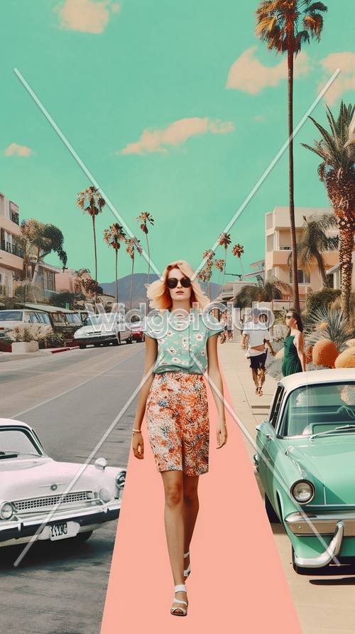 Tropical Retro Street Scene with Classic Car and Fashion Style