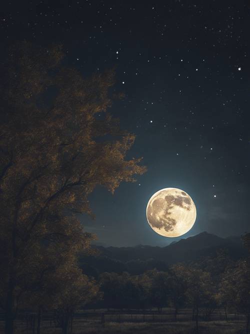 A placid moonlit night with a gently glowing full moon, a peaceful quote written in the stars.