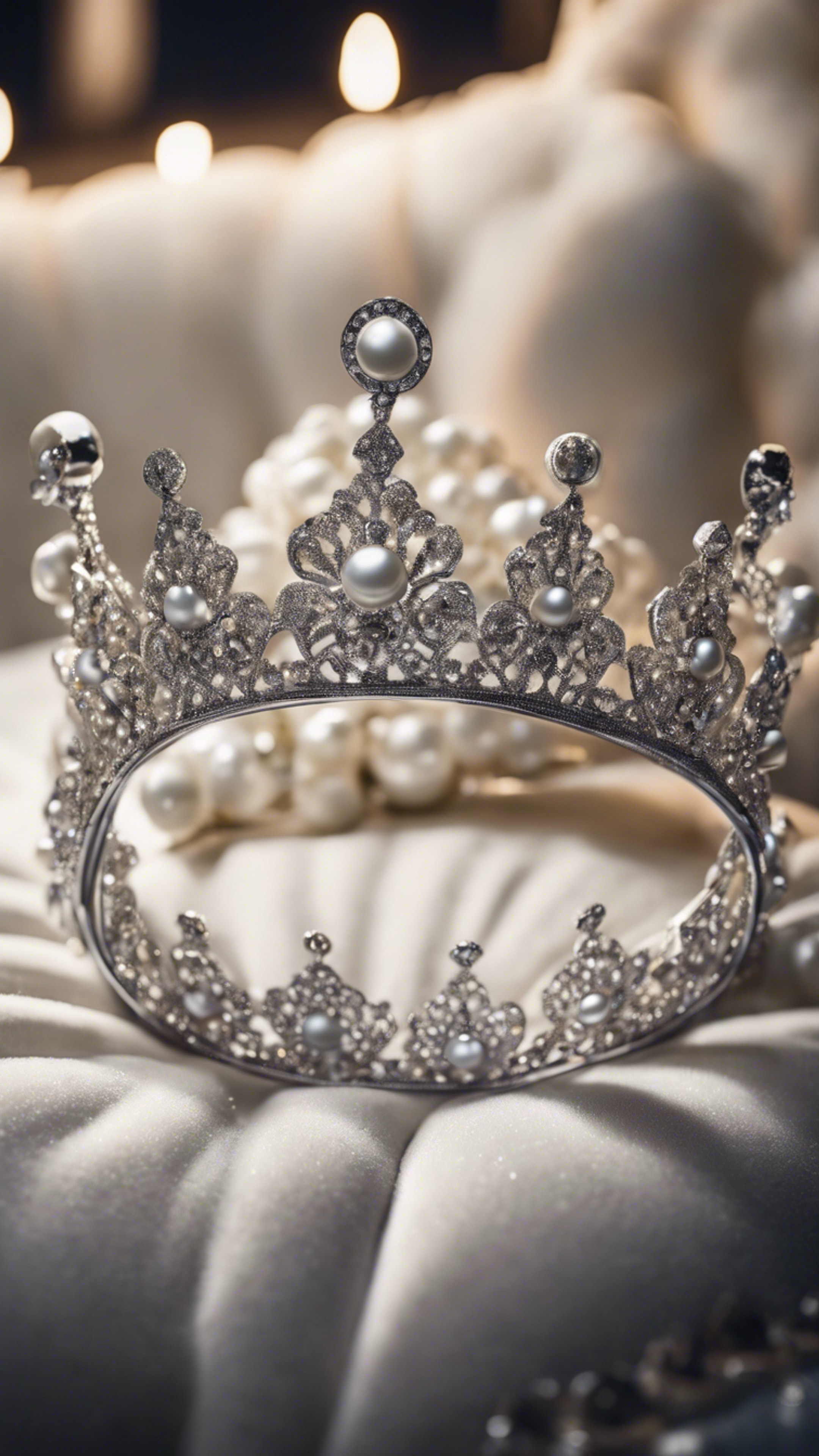 A classic silver crown embellished with pearls and diamonds lying on a white velvet cushion at night.