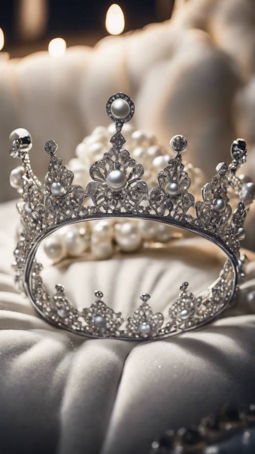 Uma clássica coroa de prata enfeitada com pérolas e diamantes sobre uma almofada de veludo branco à noite.