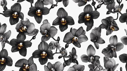 Black orchids gracing a seamless pattern on a white velveteen canvas.