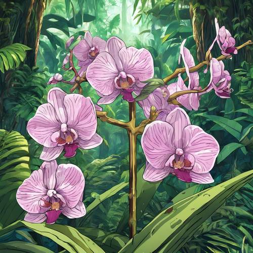 Detaillierte Illustration im Anime-Stil einer exotischen Orchidee, die in einem üppigen tropischen Regenwald wächst.