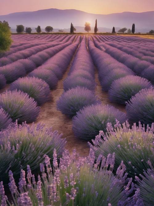 Ladang lavender vintage yang membentang ke arah cakrawala saat fajar, dengan barisan yang diukir oleh embun pagi.