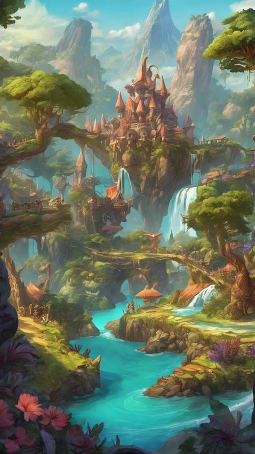 Tangkapan layar dalam game dari dunia fantasi yang dipenuhi makhluk mitos dan lanskap berwarna cerah.