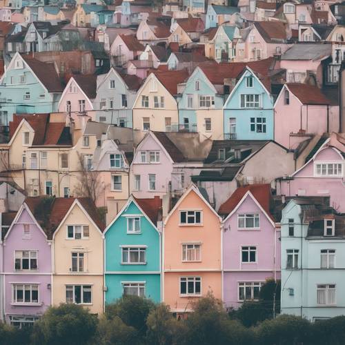 Pastel houses neatly lined up on a hilly city street. Tapet [916ec8b82c5543b7b5ce]