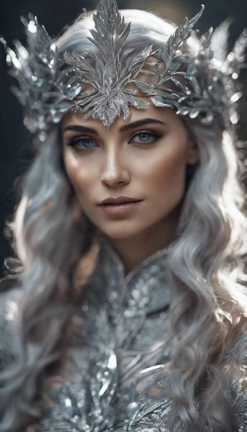 Hojas plateadas que forman una corona en la cabeza de una princesa elfa con atuendo de fantasía.