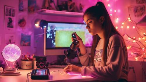A trendy teenager in her bedroom adorned with Y2K aesthetics; a lava lamp glowing in one corner and a clear cord phone on the desk