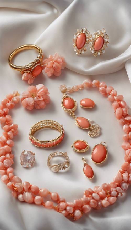 A still life painting of precious coral jewelry arranged on a delicate silk cloth. Tapeta [cd8881b74e8943229201]