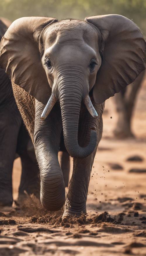 فيل صغير يرش الطين بخرطومه، ويحيط به قطيع في السافانا الأفريقية.
