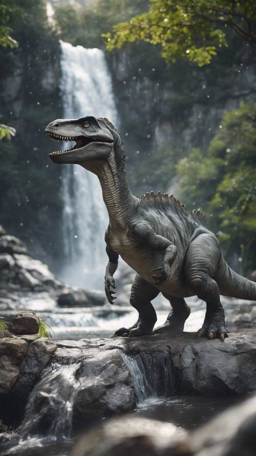 Серый динозавр с широко раскрытыми глазами поймал рев на фоне ниспадающего водопада.