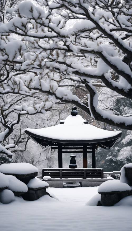 宁静安详的日本禅宗花园，覆盖着洁白的雪，与黑色的石灯笼形成鲜明对比。