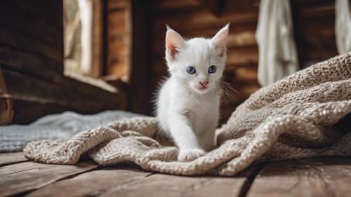 Un gatito blanco juguetón saltando sobre una colcha tejida al azar sobre una cama de madera vintage en una cabaña rústica antigua.