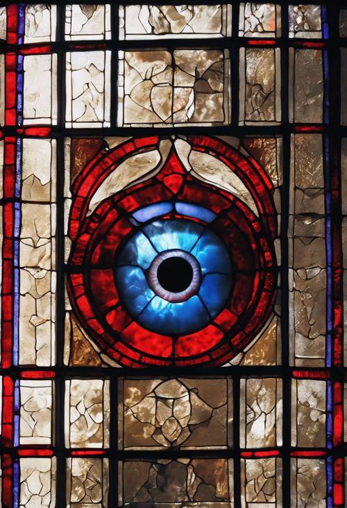 A stained glass window from a medieval castle depicting an evil eye motif with ruby red and sapphire blue colors.