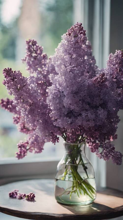 A glass vase filled with freshly-picked lilacs.
