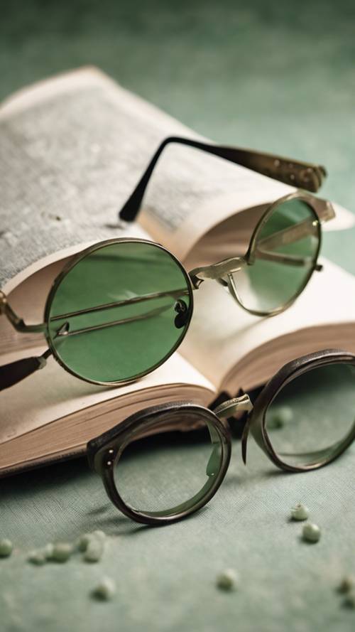 眼镜有着奇特的圆形镜框，呈灰绿色，放在一本打开的旧书上。