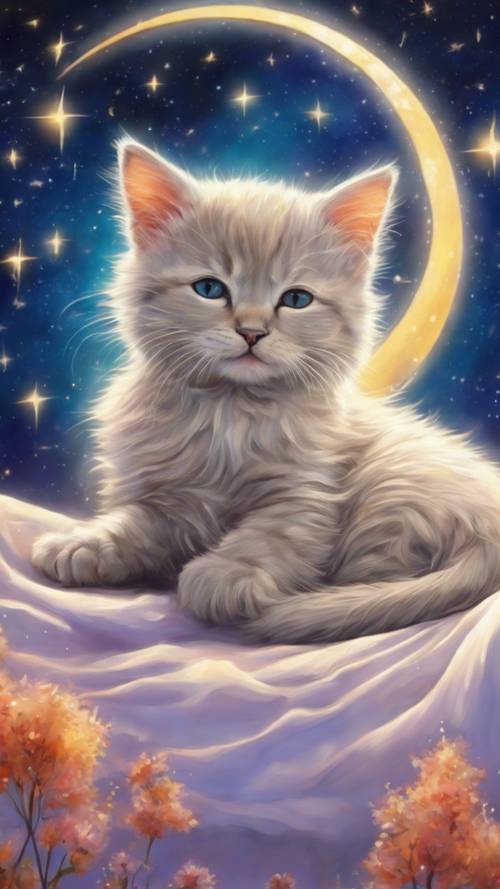 A vivid surreal painting of a tiny cat peacefully sleeping on the crescent moon, accompanied by twinkling stars and wispy Aurora lights.