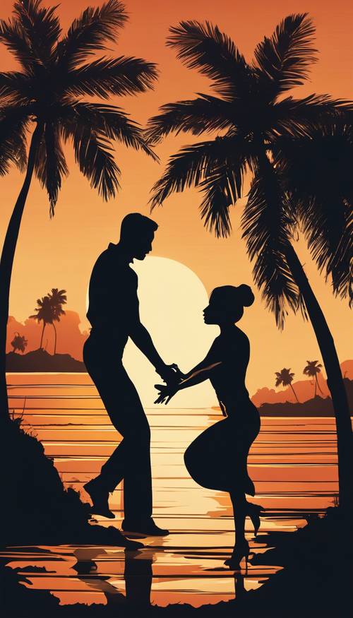 Una silhouette di una coppia di salsa che balla sotto una palma con un tramonto sullo sfondo.