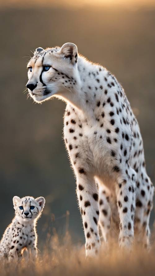 Ein weißer Gepard mit leuchtend blauen Augen steht im taufeuchten Morgengrauen beschützend über seinen Jungen.