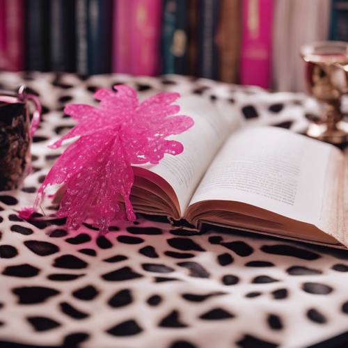 桌子上有一本打开的书，但书页上闪烁着粉红色豹纹图案而不是文字。