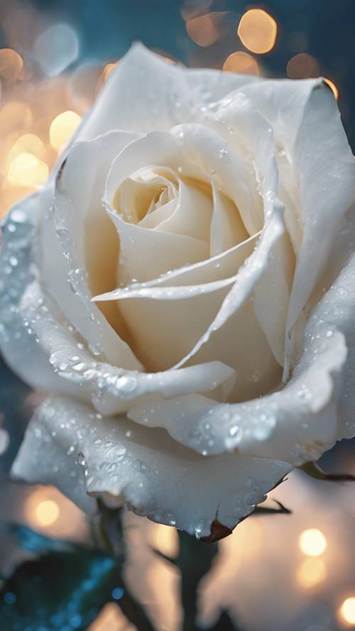 An exotic deep-sea looking white rose, glowing with a magical allure on the ocean bed.