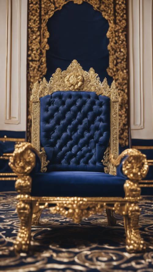 Um trono real azul marinho envolto em requintados bordados dourados, situado em um palácio luxuoso.