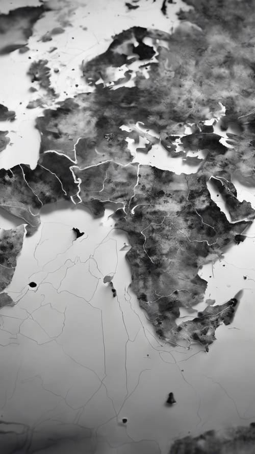 An abstract grayscale world map created with splashes of dark and light gray paint.