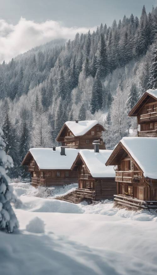 Pemandangan bersalju di pedesaan Swiss dengan pondok kayu yang tertutup salju, cerobong asapnya mengeluarkan asap, dan pepohonan pinus yang tertutup salju.