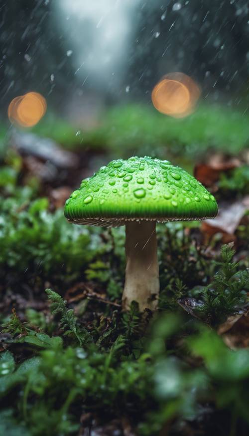 فطر أخضر نابض بالحياة خلال يوم ممطر، يقف في مواجهة البيئة الرمادية المحيطة.