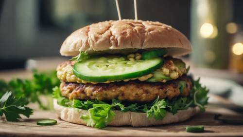 A vegan burger with a chickpea patty and fresh cucumber slices in a soft bun.