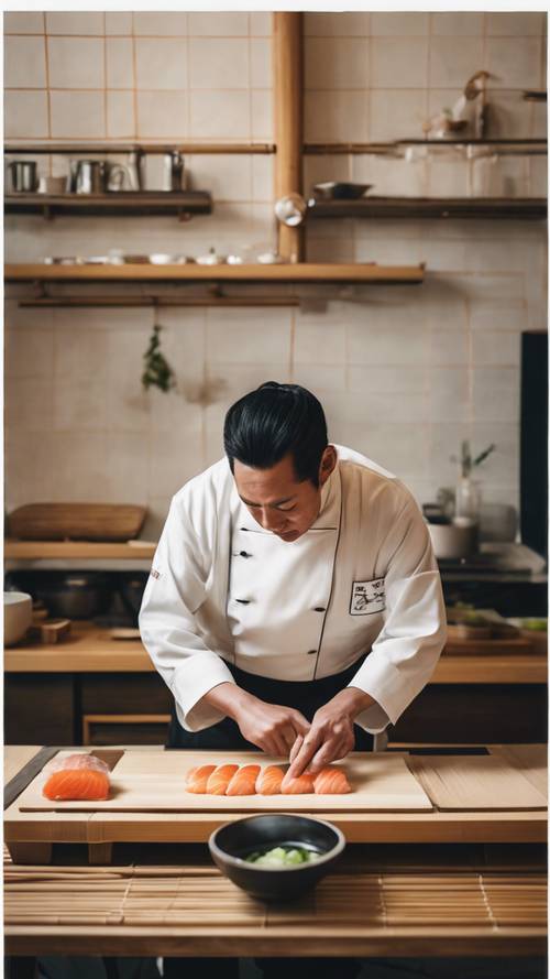 A lively sushi chef skillfully crafting a delicate nigiri on a bamboo mat.