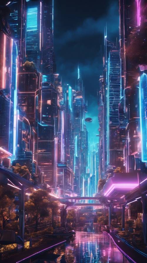 Un paisaje urbano futurista en 3D iluminado con brillantes luces azules de neón.