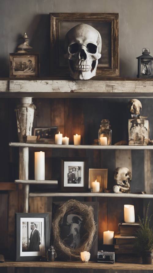 Une cheminée de ferme rustique affichant un crâne gris au milieu de photographies de famille.