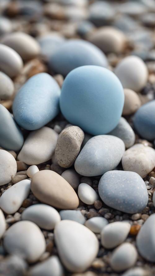 A pastel blue pebble lying amongst other pebbles on a beach.