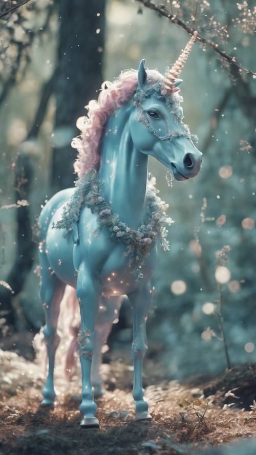 A whimsical pastel blue unicorn standing in a magical forest.